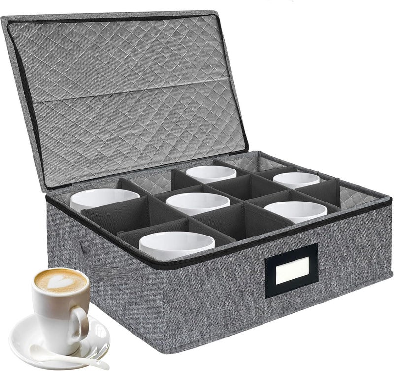 VERONLY Mug and Cup Storage Box with Dividers, Coffee Mug Storage Case China Storage Containers Hard Shell with Lid and Handles, Stackable for 12 Coffee Mugs, Tea Cups, Moving & Packing (Dark Grey) - Image 1